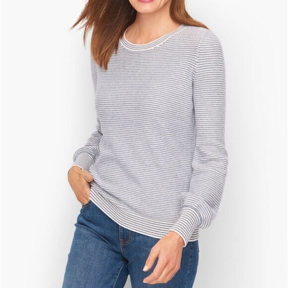 Talbots Bishop Sleeve Stripe Jacquard Pullover Cotton Blend Sweater Blue Sizes M - Picture 1 of 12